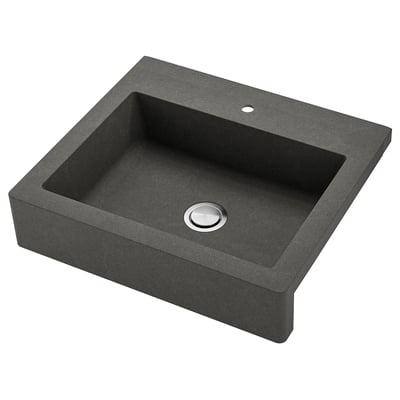 Dark grey quartz farmhouse sink, single bowl with apron front, deep design, heat-resistant, non-porous, stainless steel drain cover.