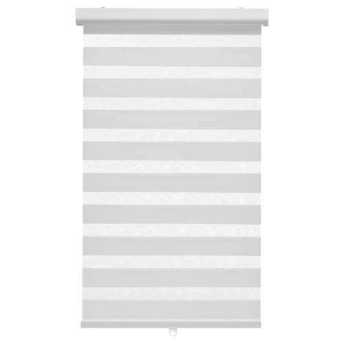 Striped roller blind, cordless, modern, adjustable light/privacy.
