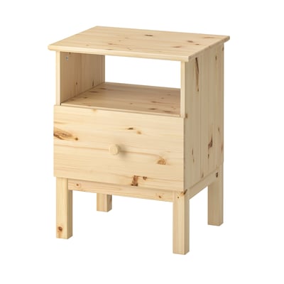 TARVA: light unpainted wooden bedside table; square top, single drawer, open shelf.
