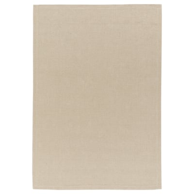 Flat-woven beige jute rug. Neutral, durable, rectangular design. Perfect for living or dining spaces.