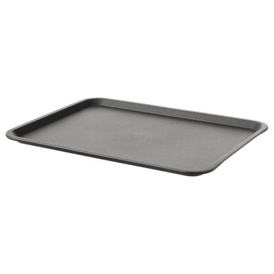 Grey plastic tray, rectangular, dishwasher safe, scratch-resistant.