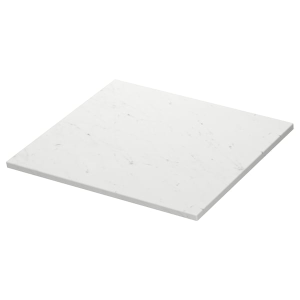 Square, white marble-look countertop, made of durable fibreboard with melamine foil, perfect for modern or traditional bathrooms.