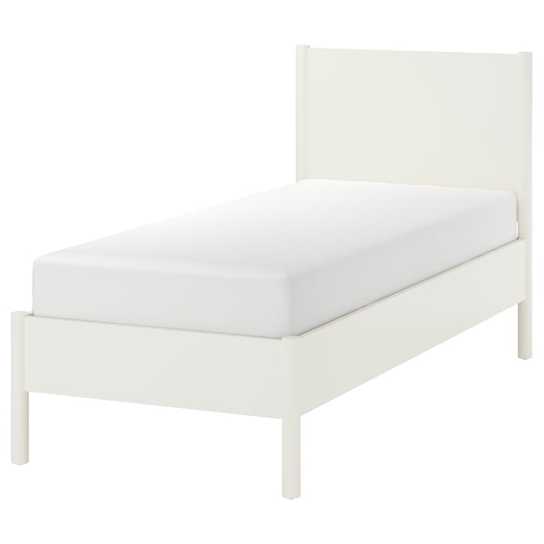 A TONSTAD bed frame in off-white with a modern classic design, featuring adjustable sides and sturdy wooden legs.