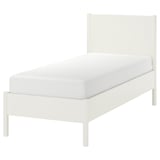 Off-white TONSTAD bed, minimalist design, wooden legs, clean lines.