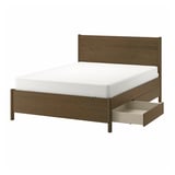 Oak TONSTAD bed frame with white mattress & under-bed drawers.