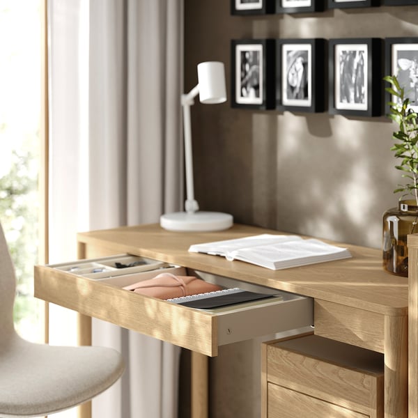 Wooden desk with open drawer, holding file folders, notebooks. A lamp, plant, and photo frames are on top.
