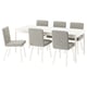 A TONSTAD dining set with a white table and six upholstered chairs in light grey fabric.