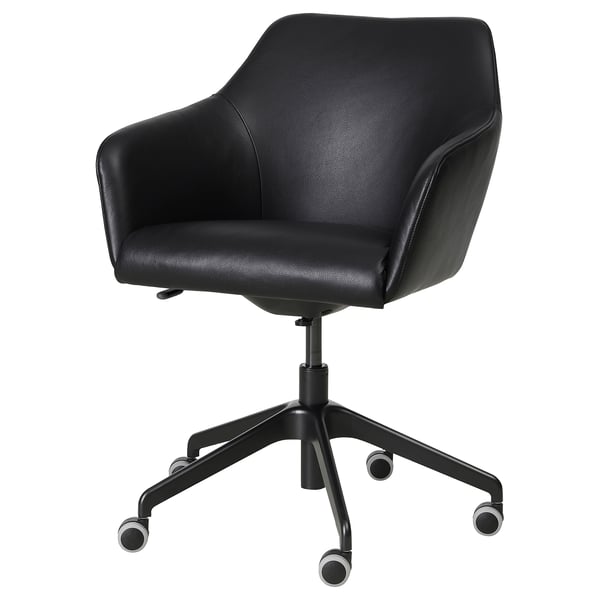 TOSSBERG chair, black leather, soft padded, swivel base with five castors, high back for support.