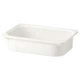 A white TROFAST storage box. Its made of recycled plastic, rectangular with smooth edges and no lid.