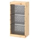 An ikea TROFAST light pine wooden storage unit with three grey mesh shelves. Its rectangular, sturdy, and designed for organizing items.