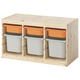 TROFAST light wood storage with orange/white bins.