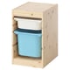TROFAST storage unit: light wood, blue & white bins, square shape, simple design.