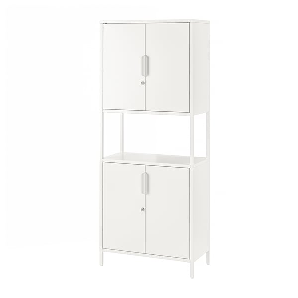 White TROTTEN metal storage unit with adjustable feet and doors.