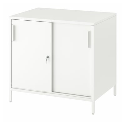 A white TROTTEN double-sided cabinet with sliding doors, ideal for space division. It adjustable shelves and feet for stability on uneven floors.