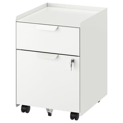 A TROTTEN white mobile storage cabinet with two drawers on wheels and a lock for secure storage.