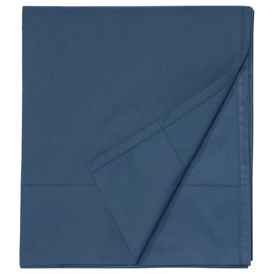 Folded blue bed sheet, folded, smooth texture, rectangular design.