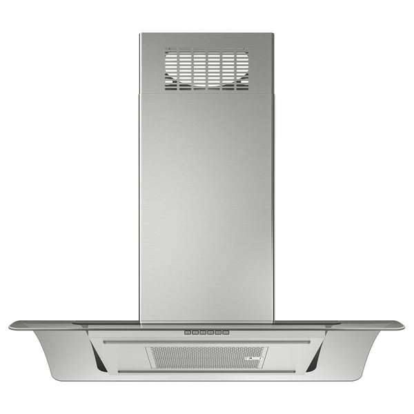 Stainless steel kitchen range hood with glass, controls, and led lights.