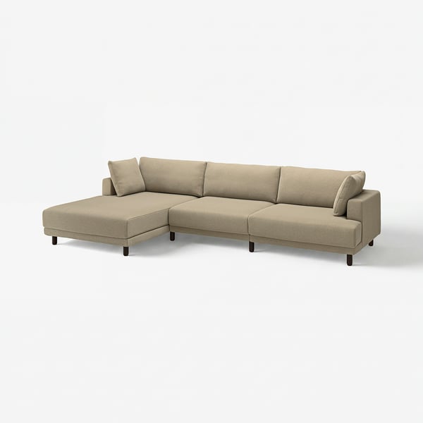 UPPÅKRA beige sectional sofa, modern design with large cushions, beige fabric, wooden legs.