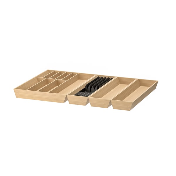 UPPDATERA bamboo drawer organiser with light brown sections and black dividers for cutlery.