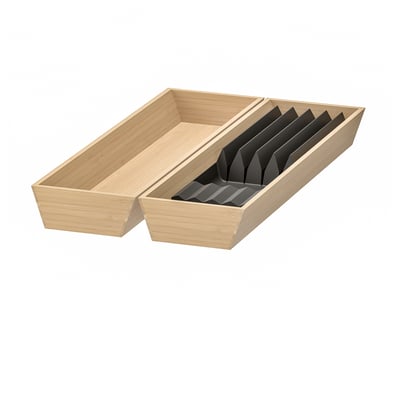Wooden knife organiser with dark separators for drawer.