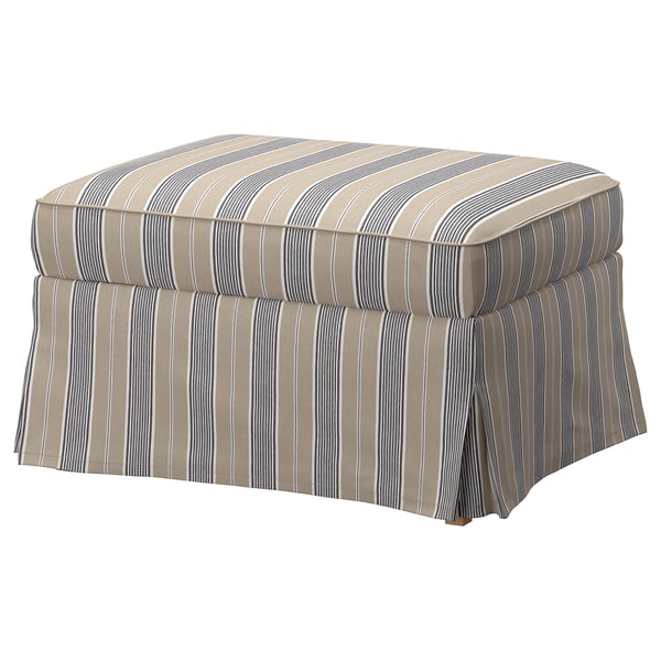 UPPLAND beige striped cotton footstool. Rectangular, padded, with pleated skirt.
