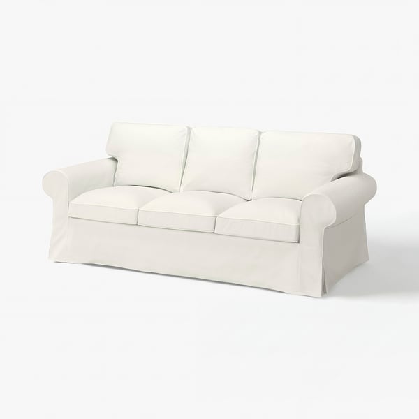 White UPPLAND sofa: modern, rolled arms, cotton cover, plush seats.