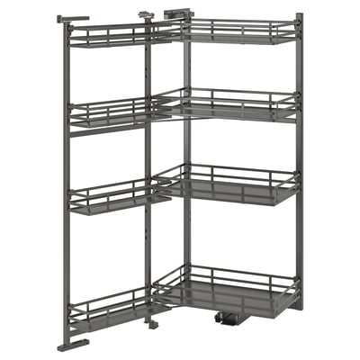 A grey UTRUSTA kitchen storage rack with multiple pull-out shelves designed for accessing items easily.