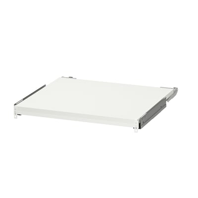 A white, rectangular pull-out kitchen shelf with metal runners. Its designed to extend and retract for extra workspace.