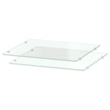 Two clear glass shelves with metal clips, rectangular shape, modern design.