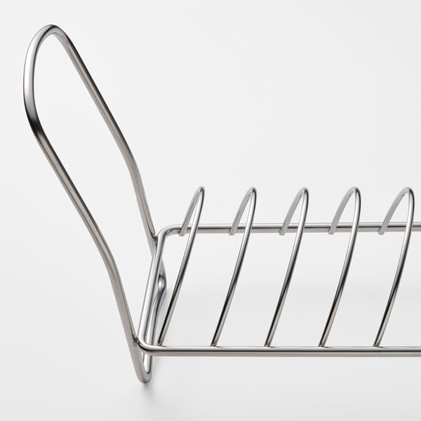 Stainless steel dish rack, durable, sturdy, fits 10 plates.