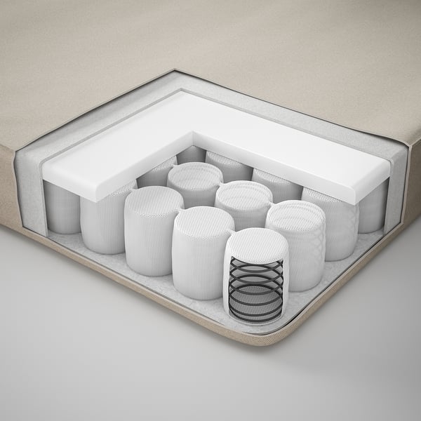 Small stools in circular shapes, arranged in a container. Mainly in white, some with grey lines. A couple have a black spiral design.