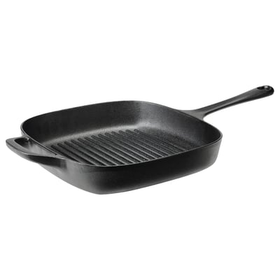 Black cast iron square grill pan with two handles. Ideal for even heat distribution and cooking.