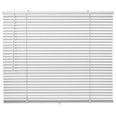 White venetian blinds, rectangular, aluminium slats, cordless design, suitable for window or wall.