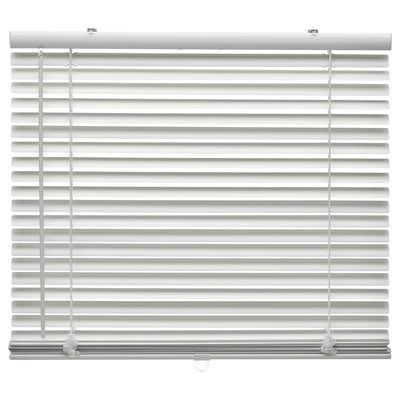 Principally white venetian blinds with wide slats, controlled by pull cords and tilt wand, modern and versatile design, suitable for various rooms.