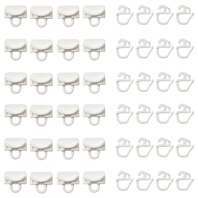 White plastic curtain hooks, neatly organised in rows, ideal for hanging curtains with VIDGA system, creating various pleat styles.