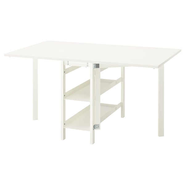 VIHALS white folding dining table with legs and storage shelves, minimalist design.