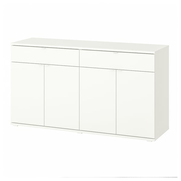 A white VIHALS sideboard. Its rectangular with three doors and two drawers, ideal for storage. It has a sleek, modern design.