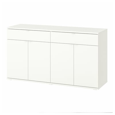 A white VIHALS sideboard. Its rectangular with three doors and two drawers, ideal for storage. It has a sleek, modern design.