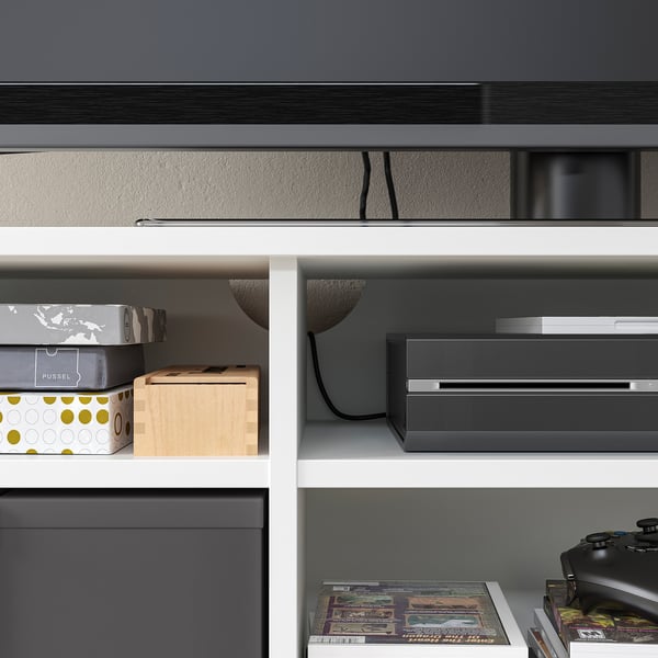 A white and grey VIHALS tv bench with two drawers, featuring open shelves and cable management at the back.