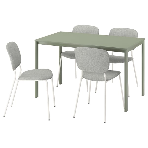 A green VIHALS dining set with a rectangular table and four grey fabric chairs with white legs.