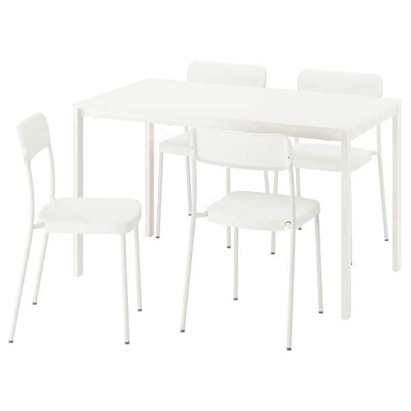 A white VIHALS dining set with a rectangular table and four stackable chairs. Minimalist design, durable steel and plastic.