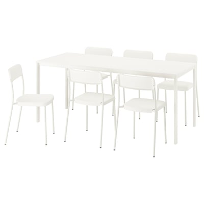 A white VIHALS dining set with a rectangular table and four stackable chairs. Modern design, durable, easy to clean.