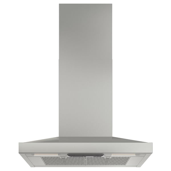 Stainless steel kitchen hood, sleek design. Led lit, modern appearance.