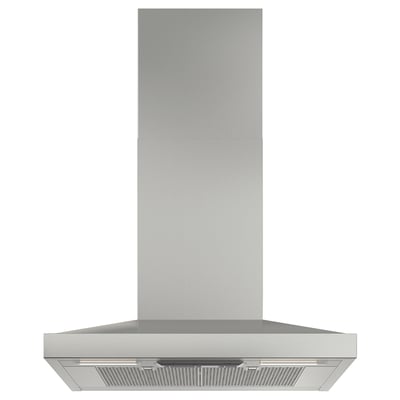 Stainless steel kitchen hood, sleek design. Led lit, modern appearance.