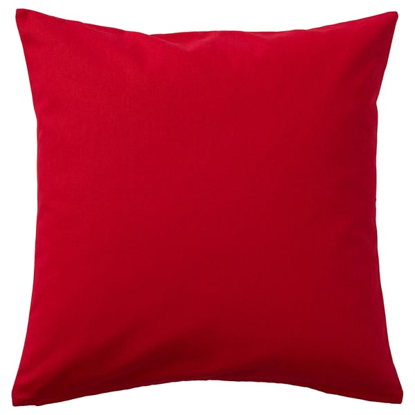 Red square throw pillow. Made of soft cotton, suitable for holiday decor.