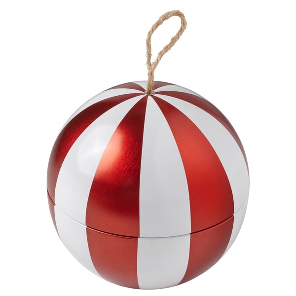 VINTERFINT Scented candle in metal cup, bauble/Spiced delight red/white, 28 hr