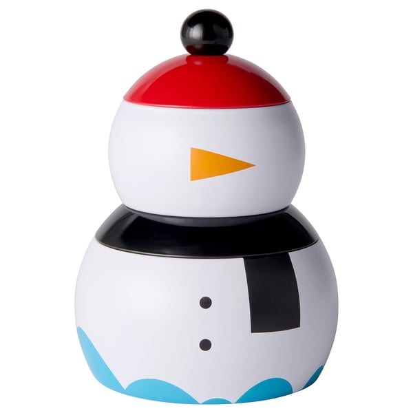VINTERFINT candle set: snowman shape, red hat, white body, black scarf, mint scent. Tin material, stacks together.