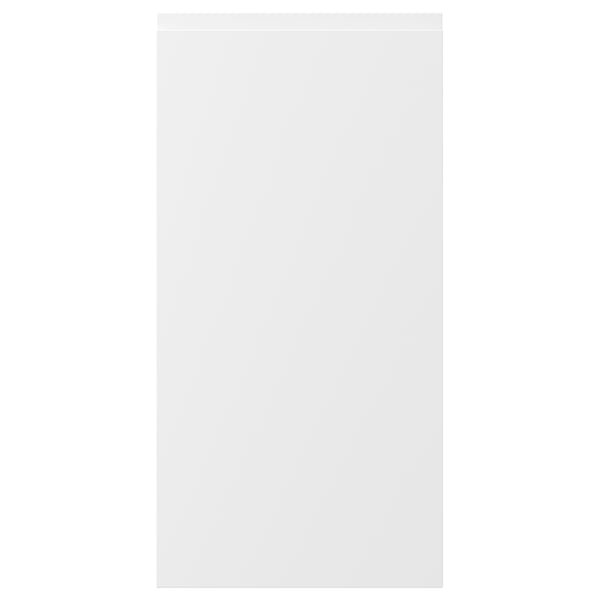 VOXTORP white kitchen cabinet with smooth, matte finish and integrated handles. Rectangular shape, minimalist design.