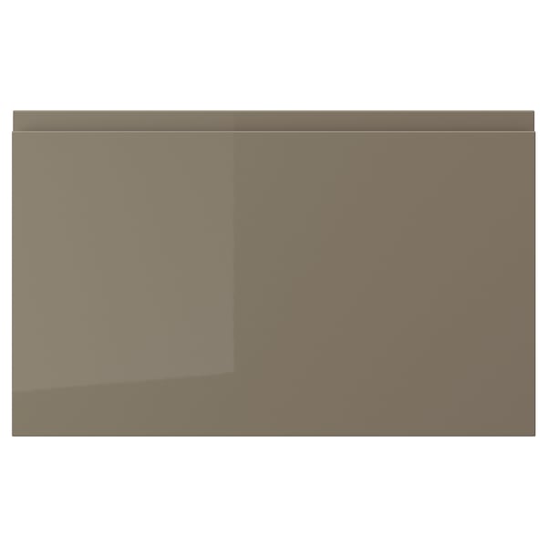 A rectangular, dark grey-brown, high-gloss drawer front with smooth edges and sleek, integrated handles.