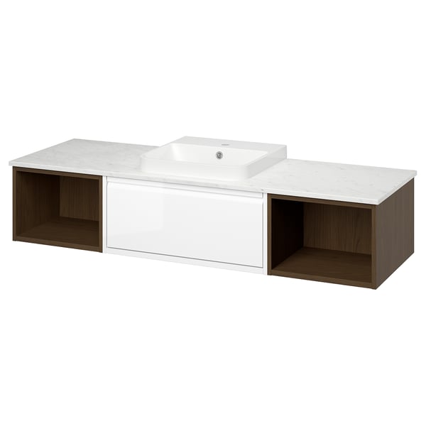 ÄNGSJÖN / BACKSJÖN Meuble de sdb avec lavabo, blanc brillant/effet chêne brun/blanc marbré, 67x21 1/2x16 1/4 "